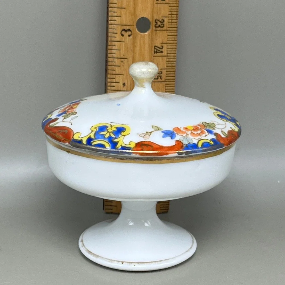 Antique Nippon Hand Painted Porcelain Lidded Pedestal Trinket Dish Floral 2.75